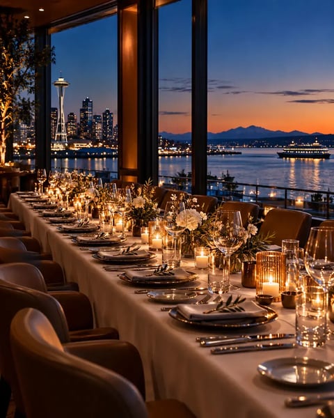Partner dinner table overlooking the Seattle waterfront at dusk